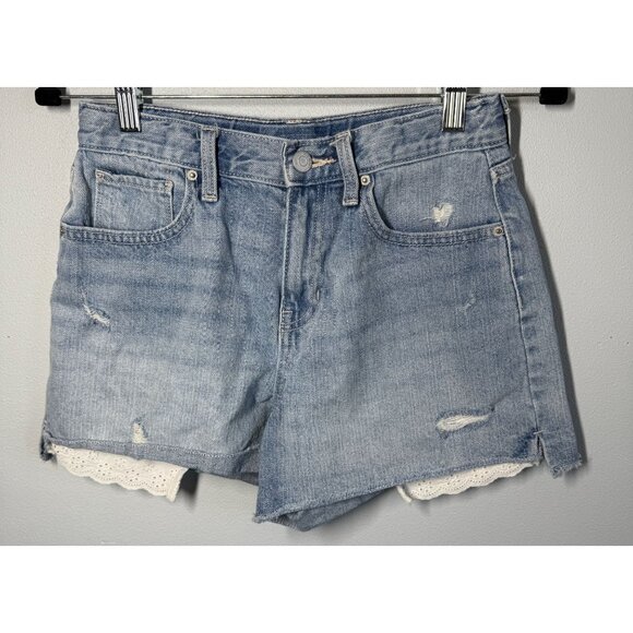 Old Navy Girl 16 High Rise Distressed Raw Hem Denim Jean Shorts Adjustable Casua - Picture 1 of 8